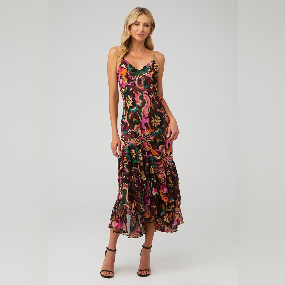 Misa LA lightweight flora groove dress midi length with ruffles!! XS NWT